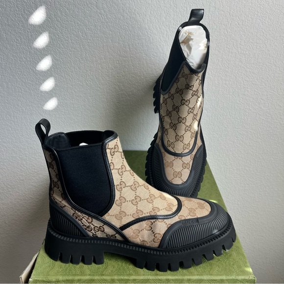 Gucci Shoes - NEW Women’s GG Gucci Canvas Tan and Black Monogram Ankle Boots - EU 40 / US 10